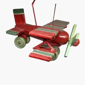 Wooden Airplane Christmas Ornament Handcrafted Biplane Red Green